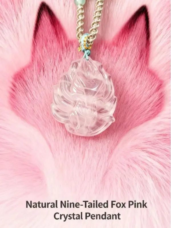 9-Tailed Fox Pink Crystal Pendant Necklace, Rose Quartz Beaded DIY Jewelry Making Supply, Cultural Symbol for Auspicious Luck & Wisdom Boost, Fox Pendant Necklace