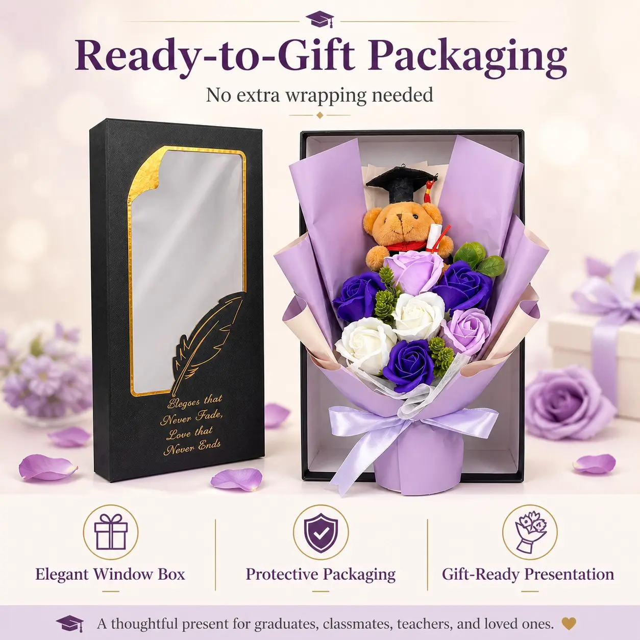 Graduation Cap Teddy Bear Soap Flower Bouquet, Ready-to-Gift Elegant Window Box, Gifts in Box, No Wrapping Needed, Pink Rose Floral Arrangement, Unique Graduation Keepsake for Her, Custom Graduation Gift, Grad Party Favors