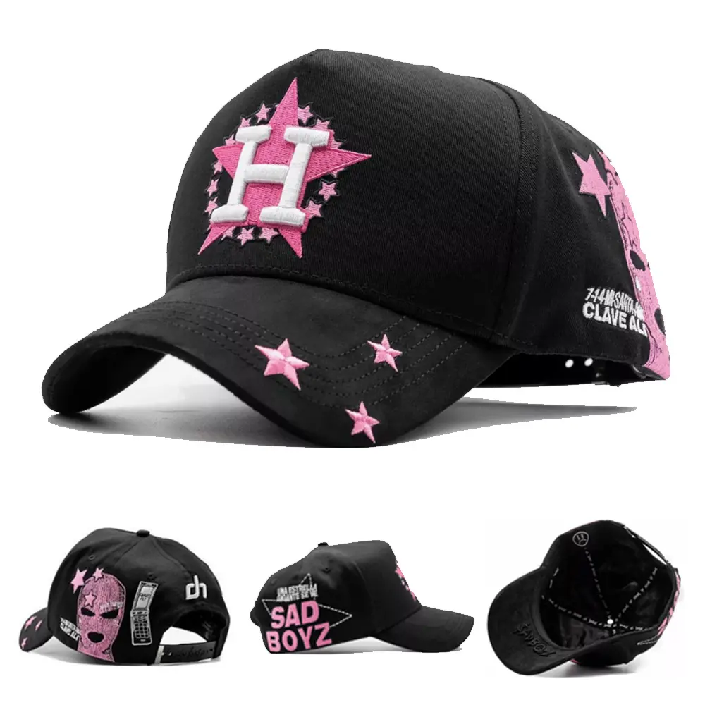Dandy Hats x Junior Clave Ali Black Cap with Pink Star and White 'H' Logo Design Unisex Fashion Hat with Red Inner Lining
