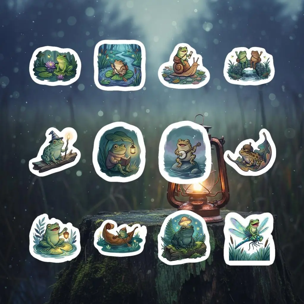 12 Pack Frogcore Vinyl Stickers, Whimsical Pond Life, Toad, Bullfrog Decals