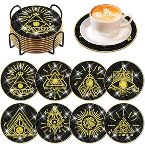 8Pcs Colorful Stylish DIY Diamond Painting Coaster Set, Masonic All-Seeing Eye Pyramid Diamond Art Cup Pads with Storage Rack, Heatproof Coffee Mats for Kitchen, Beach Use