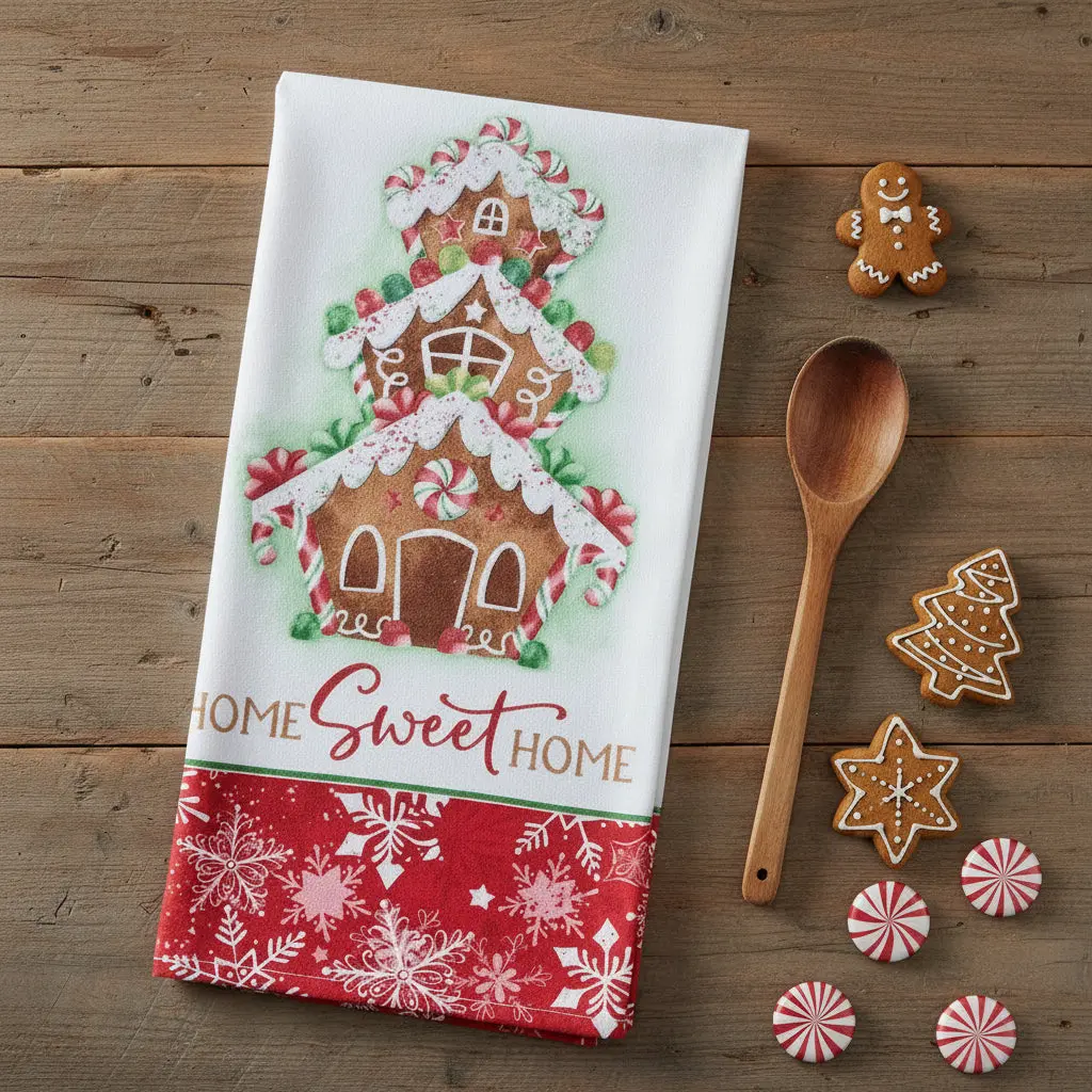 Soft Absorbent Terry Towel, Gingerbread House Themed, for Kitchen-Bathroom Holiday Use, Flat-Weave Home Supply, Soft Absorbent Towel, Holidays, Dual Purpose