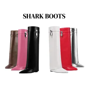 Women's Foldable Wedge Boots Rivet Buckle Knee High Boots Wide Calf Autumn Shoes Fashion Shark Boots