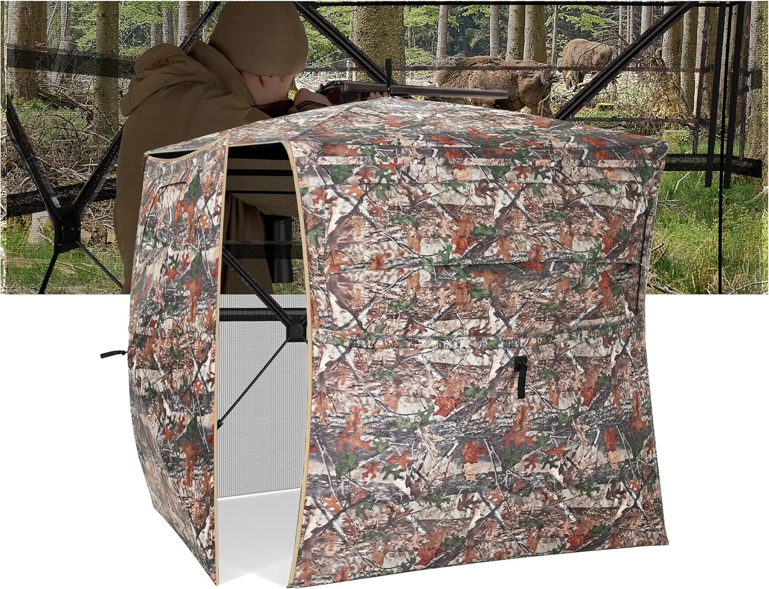 Hunting Blind 270° See Through Ground Blind, 2-3 Person Pop-up Portable Deer Blind with Carring Bag，D Shaped and Full Open Door, Camouflage Hunting Te