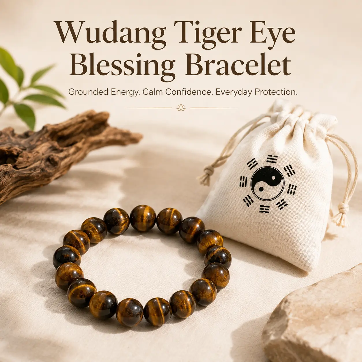 Unisex Wudang Tiger Eye Beaded Bracelet - Natural Golden Brown Stone Jewelry for Spirituality, Balance, Confidence, Good Fortune - Feng Shui Gift for Health, Career Success