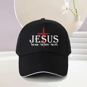 "Jesus The Way The Truth The Life" Adjustable Polyester Baseball Cap - Lightweight Sunprotection Hat, Black with White Text & Cross Design, Premium Printing, Hand Washable, Fits Most Head Sizes, Ideal for Outdoor Activities & Casual Looks