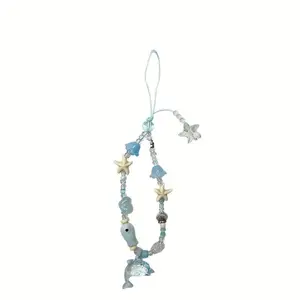 Summer Cartoon Ocean Style Phone Chain Charm Wrist Strap Keycord Cellphone Lanyard Keychain Mobile Hanging Chain Light Blue & White Design with Starfish Seashells Whimsical Decor for Beach Pool Parties Aesthetic Accessory for Women Girls, Smartphone
