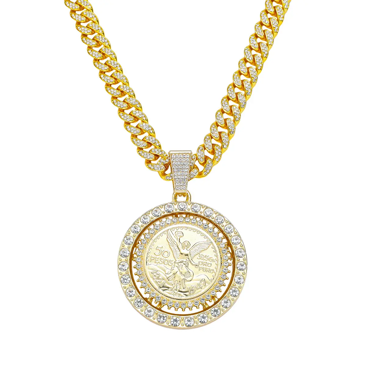 Mexican 50 Pesos Centenario Coin Pendant Necklace, 20 Inch 14K Gold Plated Cuban Chain for Men Women, Full Diamond Setting Zinc Alloy Fashion Jewelry