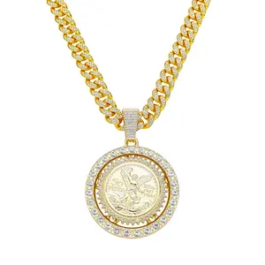 Mexican 50 Pesos Centenario Coin Pendant Necklace, 20 Inch 14K Gold Plated Cuban Chain for Men Women, Full Diamond Setting Zinc Alloy Fashion Jewelry