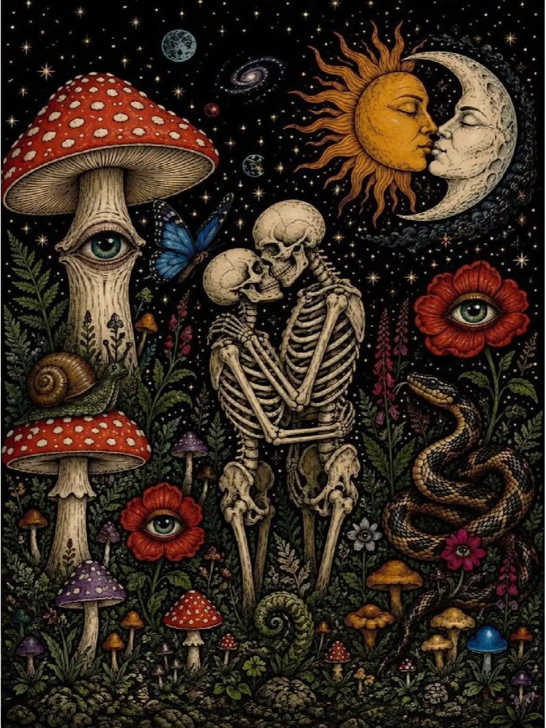 5D Diamond Painting Kit Celestial Sun Moon Kiss Hugging Skeleton Couple Red Spotted Mushroom Eye Flower Snake Starry Dark Botanical Mystic Crystal Rhinestone Wall Decor Gift