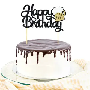 1 PCS Beer Mug Happy Birthday Cake Topper Glitter Bamboo Cheers Beers Cake Pick for Celebrating Glorymoment Beer Theme Birthday Theme Party Cake Decorations Supplies