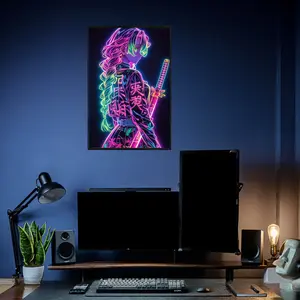 Demon Slayer Mitsuri Poster, Neon Pink and Green Glowing Silhouette with Braided Hair Neon Outline on High Quality Cardboard Sharp Pattern Poster for Anime Enthusiasts Home or Office Decor Gift for Demon Slayer Fans