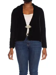1930S Black Silk Velvet Shawl Collar Evening Jacket With Art Deco Clasp