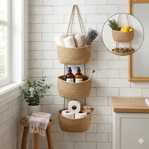 Woven cotton 3-Tier Over the Door Basket, Wall-Mounted Storage Organizer – Decorative Nursery Baskets, Suitable for Busy Parents to Store Diapers & Toys. Small Basket, Gift Hook, Laundry Basket, House Organizers, Bedroom Decor, Home Essentials