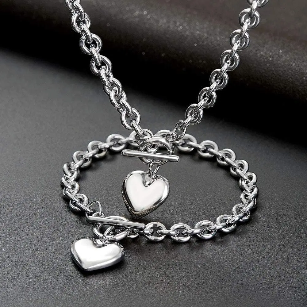 Women's Stainless Steel Heart Toggle Accessory Set - Choker Necklace, Layering Costume Jewelry for Valentine's Fashion, Toggle Clasp, Jewelry Stack, Valentine’s Day, Anniversary, Advanced Wearing Design, 316L, Fashionable And Comfortable