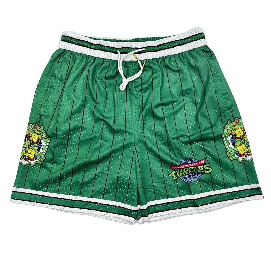 Teenage Mutant Ninja Turtles Line Embellishment Anime Shorts Green Unisex Sports Double-Layered Inner Shorts Full Print Drawstring Design Men Women Mesh Basketball Shorts 4 Pockets 5.5 Inseam