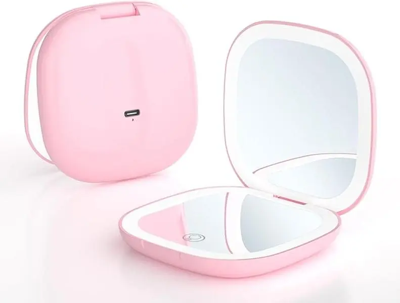 LED Travel Makeup Mirror - 1x/2x Magnification, White Built-in LED Lights, Bright Glow Adjustable Compact Portable Foldable Mini Gadgets for Purse, Handheld Mirror for Travelers, Bright Glow Handheld Mirrors