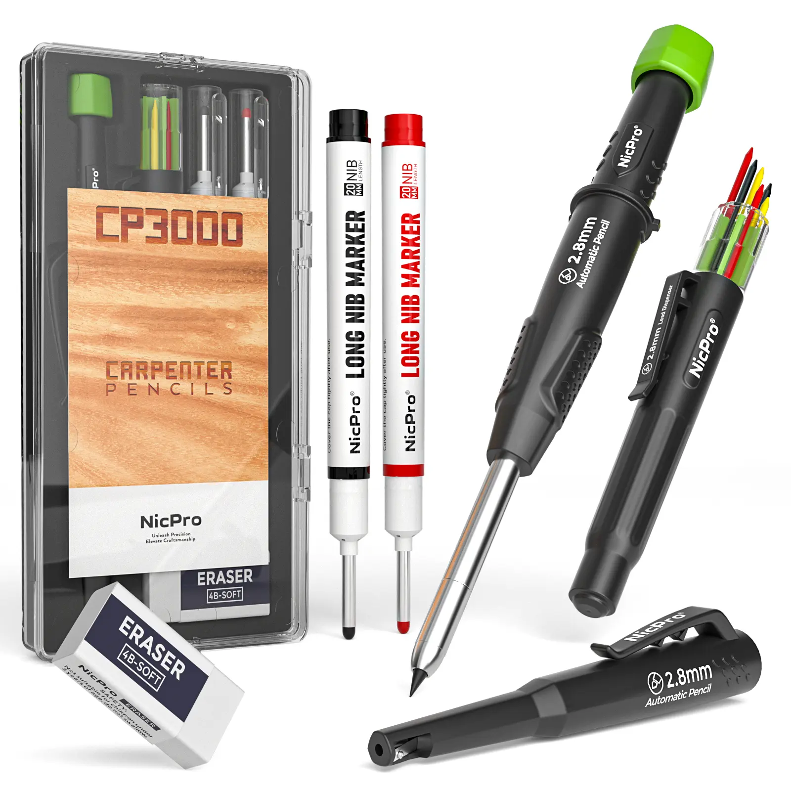 Nicpro Mechanical Pencils Set - CP3000 Carpenter Pencil, Sharpener, 6 Refills in Lead Dispenser, Deep Hole Long Nib Marker for Construction, Heavy Duty Woodworking Tools, Colored Mechanical Pencils