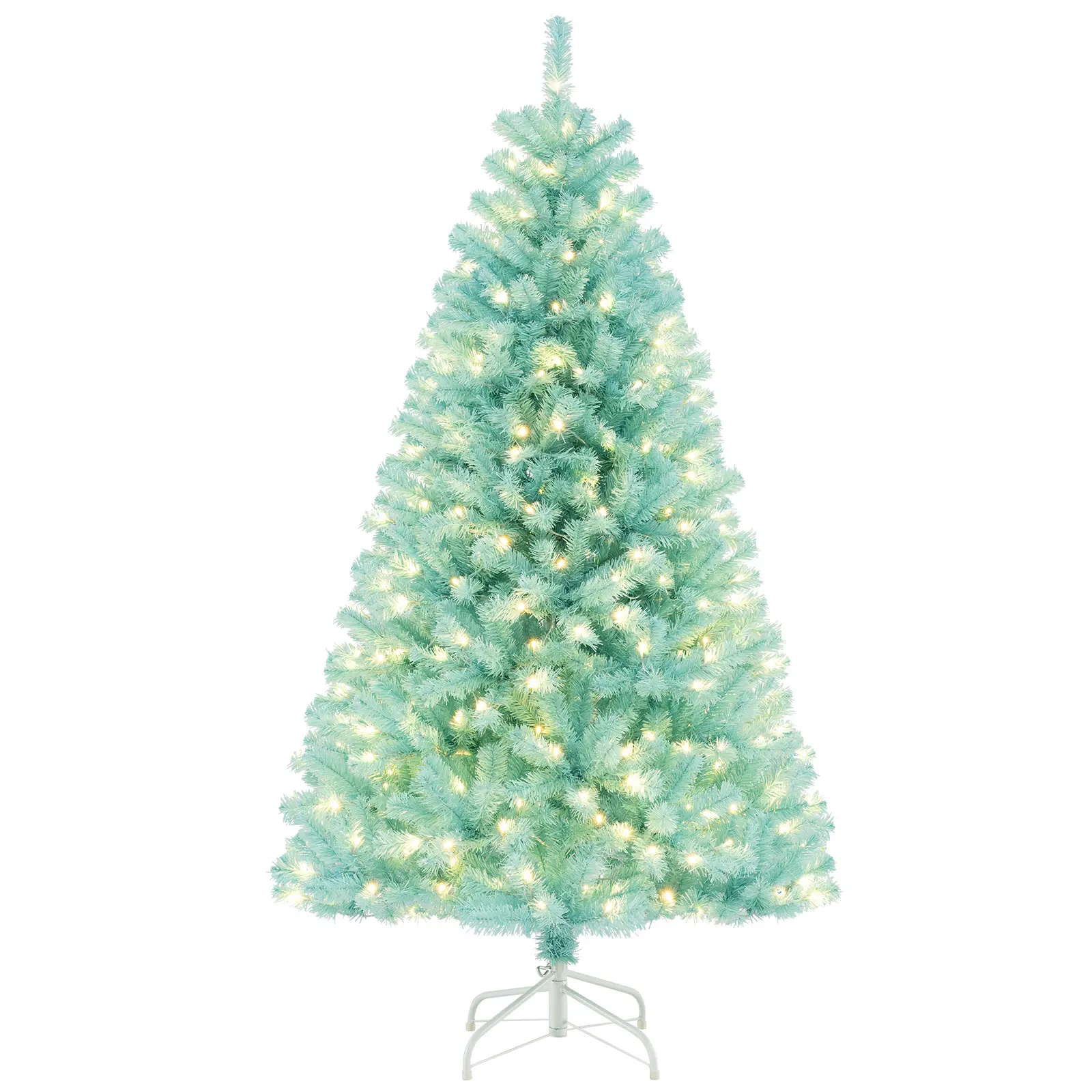 COSTWAY - 6/7 FT Blue Artificial Christmas Tree with 280/380 Warm White LED Lights and Foldable Metal Stand-6 FT