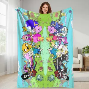 Adventure Time Colorful Cartoon Adventure Flannel Blanket Fantasy Character Print Soft Cozy Lightweight Warm Durable Perfect for Bedroom Living Room Sofa Travel Gift