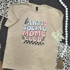 Anti Social Moms Club Mama T-Shirt - Crew Neck, Plain Design, Short Sleeve, Beige, Regular Fit, Ideal for Casual Wear - Top