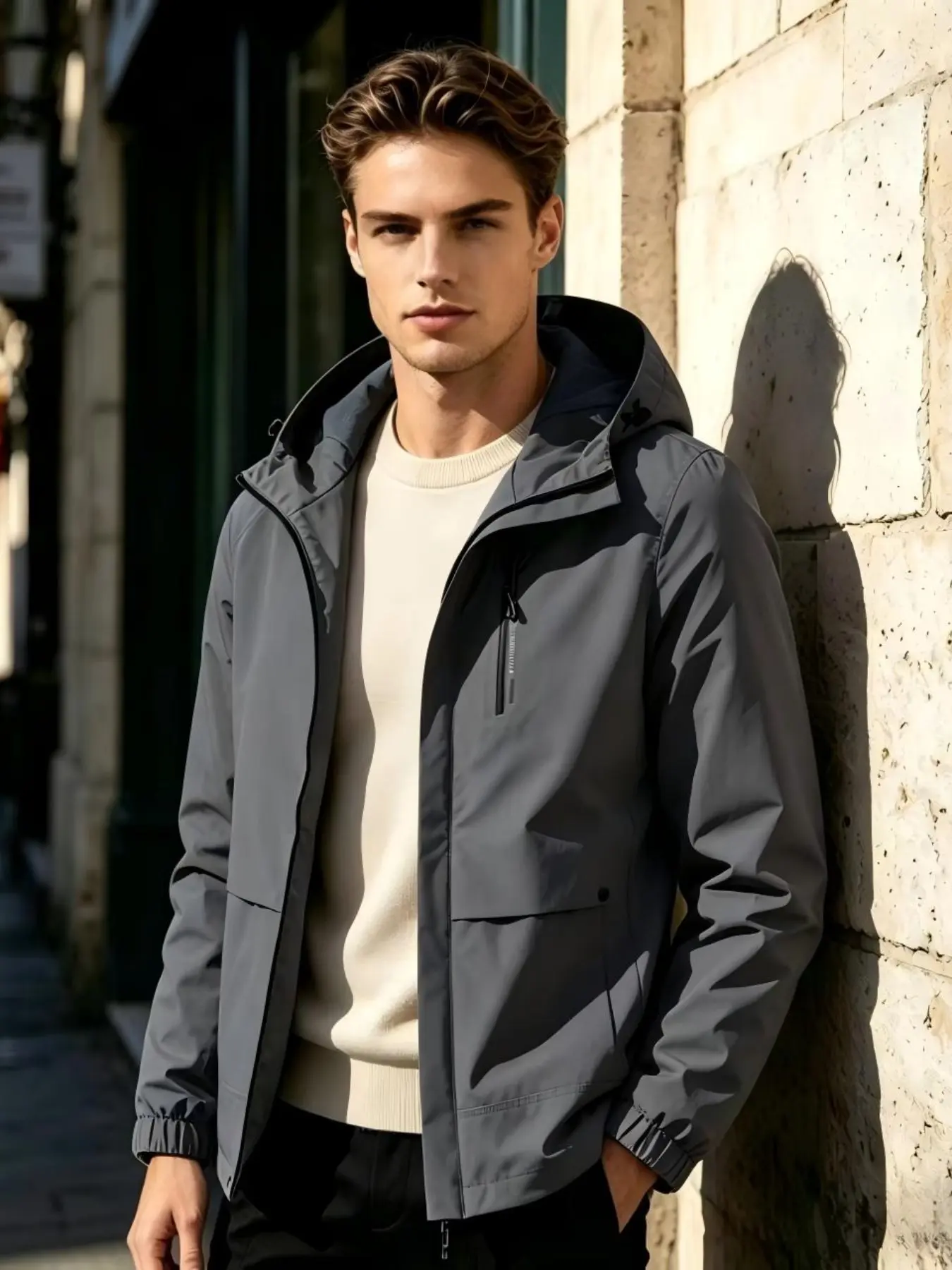 Men's Hooded Windproof Waterproof Jacket, Lightweight Breathable Outdoor Hiking Camping Travel Coat, Daily Commute Wear