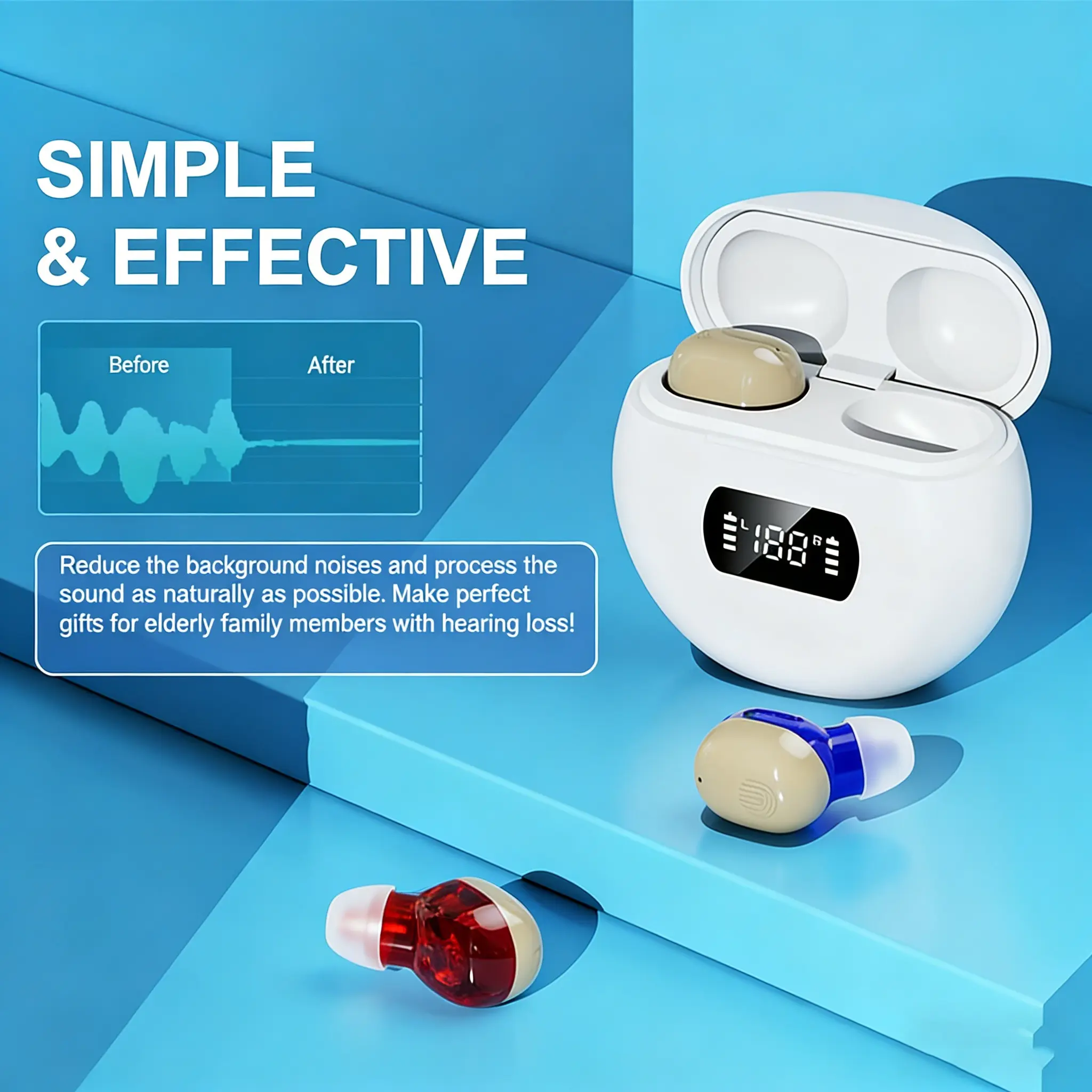 Invisible Hearing Amplifiers for Adults with Hearing Loss, Behind-The-Ear Magnetic Charging Case, 24+96h Runtime, USB Rechargeable, Rechargeable Hearing Aids