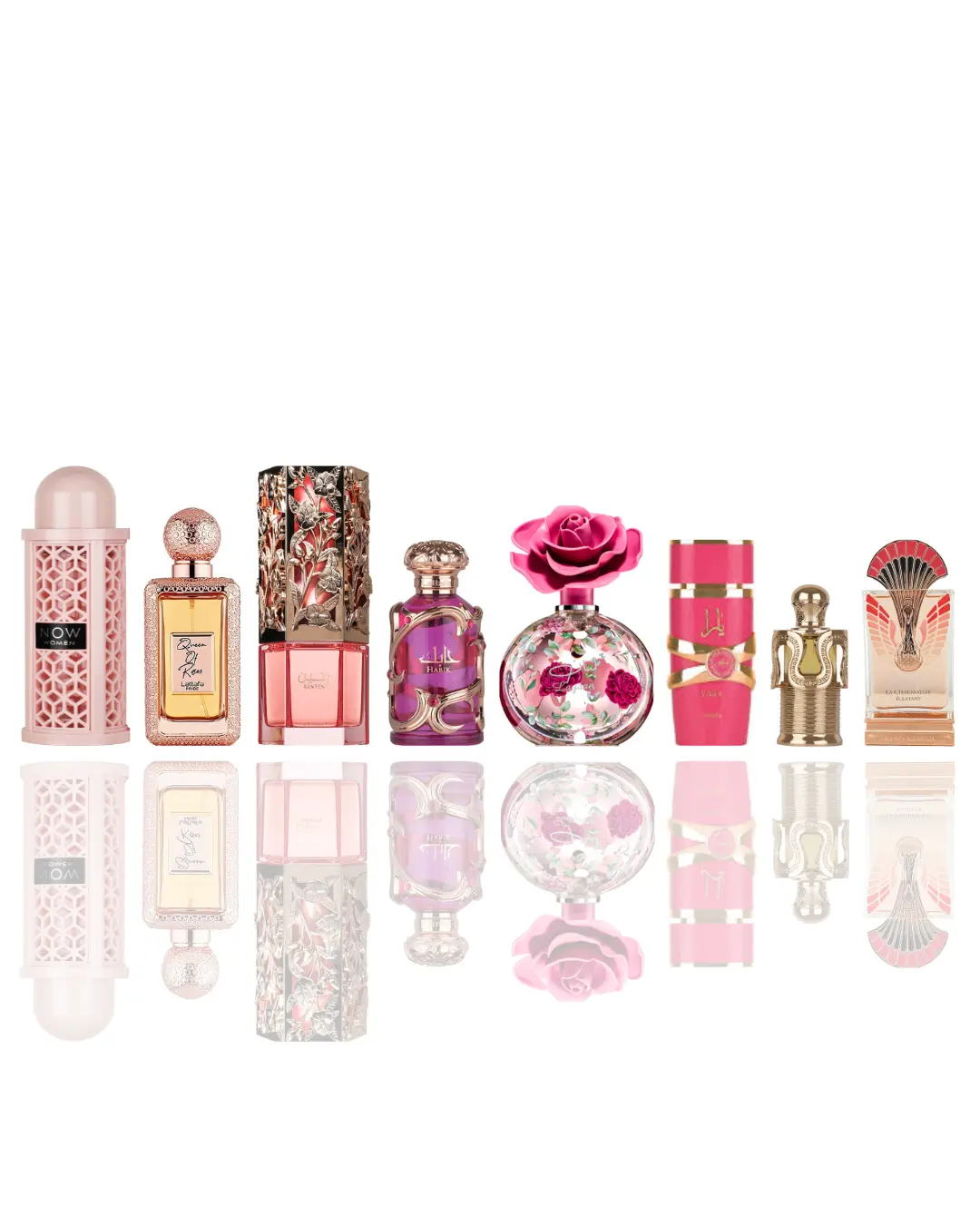 Now women + Queen Of Roses + Raneen + habik + layaan + yara candy + maitha + La Charmante Éclatant -- 8 piece bundle, 8 Piece Sets Women Bundle, Female, Floral Scents, Fragrance Perfume Scent