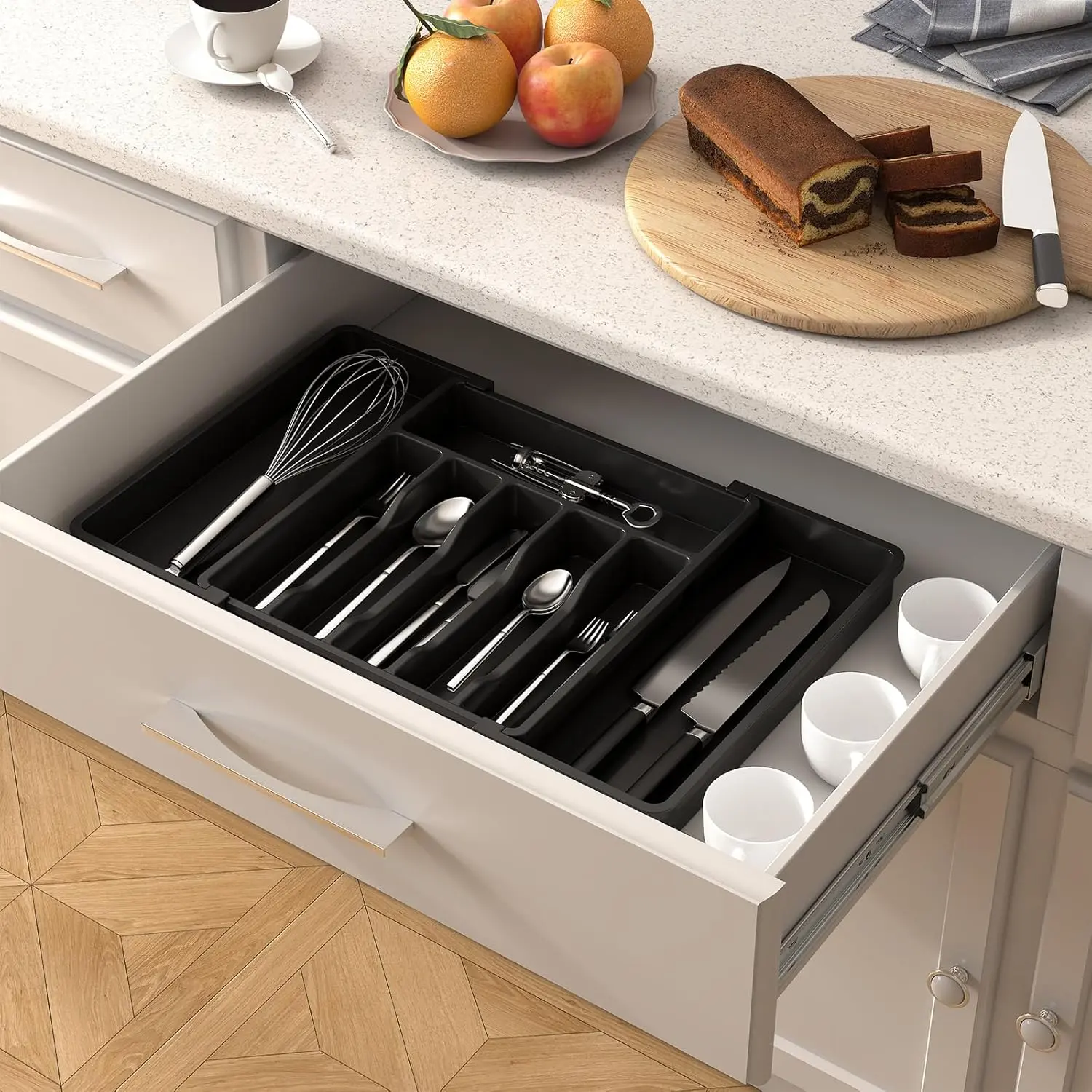 Plastic Rectangle Expandable Kitchen Drawer Organizer - Cutlery Organizer, Divided Compartments Organiser, Adjustable 6-8 Slots Drawer Divider for Silverware, Utensils, Knives, Spatulas (Modern Home Storage)