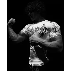 Men's Gothic Print Quick Dry Compression Sports Shirt Trendy Fitted Short Sleeve Fitness Top Geometric Pattern Activewear