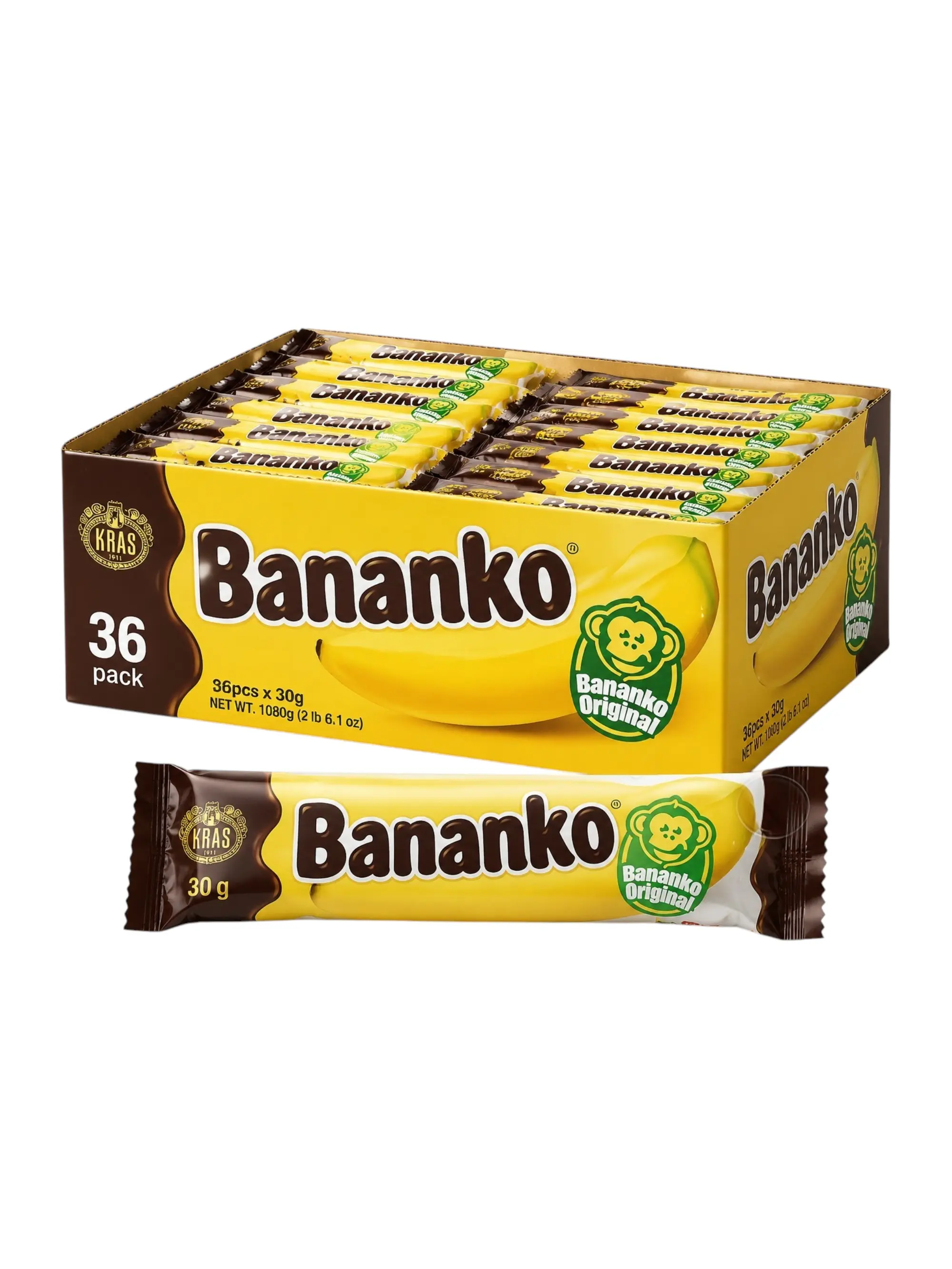 Kraš Bananko Chocolate Covered Banana Bars 36 Pack (30g Each) - Original Banana Foam Candy Snacks