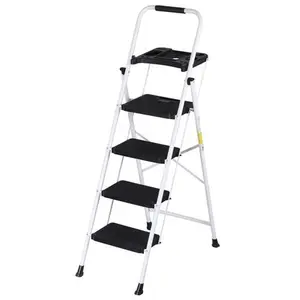 4 Step Ladder Folding Steel Ladder with Non-Slip Wide Pedal and Tool Tray White