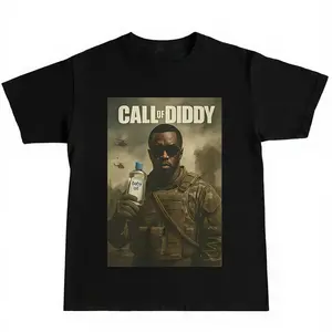 Call of Diddy Military Style Hip-Hop Short Sleeve T-Shirt, Unisex Gaming Fashion, Streetwear Party Trendy Top, Casual Fitted Long Print Tee