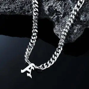 Men's Silver Stainless Steel Hexagonal Grinding Cuban Link Design Alphabet Initial Necklace - Minimalist Casual Geometric Artificial Gemstone Jewelry Accessory