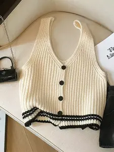 Women's Knitted Fabric Sweater Vest V-Neck Pullover Fashion Colorblock Single Button Backless Top, Casual Stylish Outerwear Womenswear