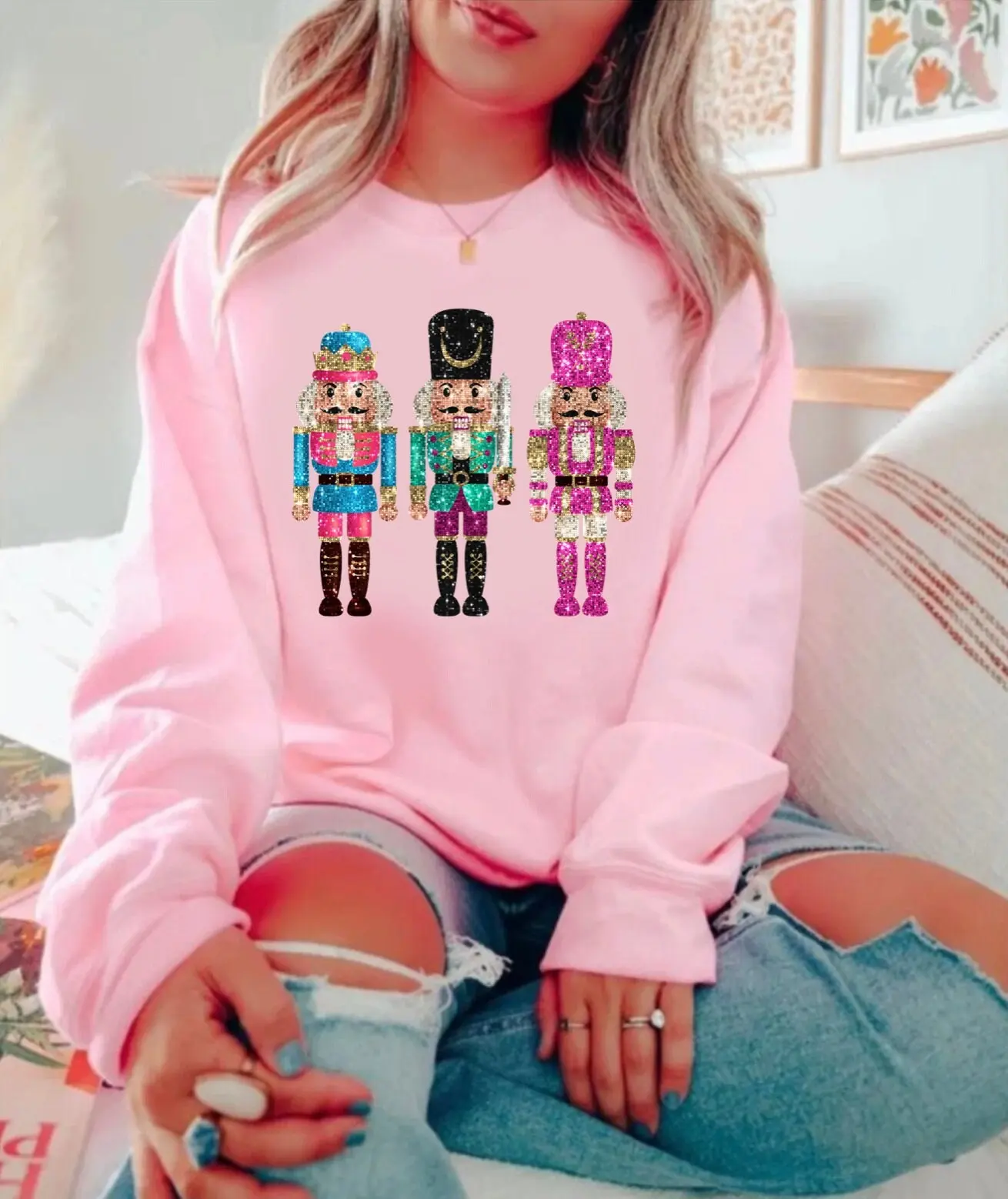 Christmas Nutcracker Sweatshirt for Women, Pink Christmas Sweater, Cute Holiday Shirt Fabric Womenswear