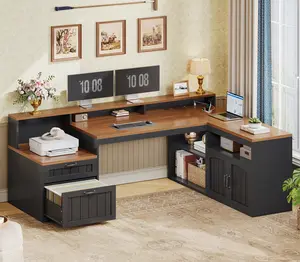 SEDETA 59" L Shaped Desk with Drawers, Farmhouse Corner Computer Desk, Wood Office Desk with File Drawers with Storage, Home Office Desks with Monitor Stand and Storage Cabinet