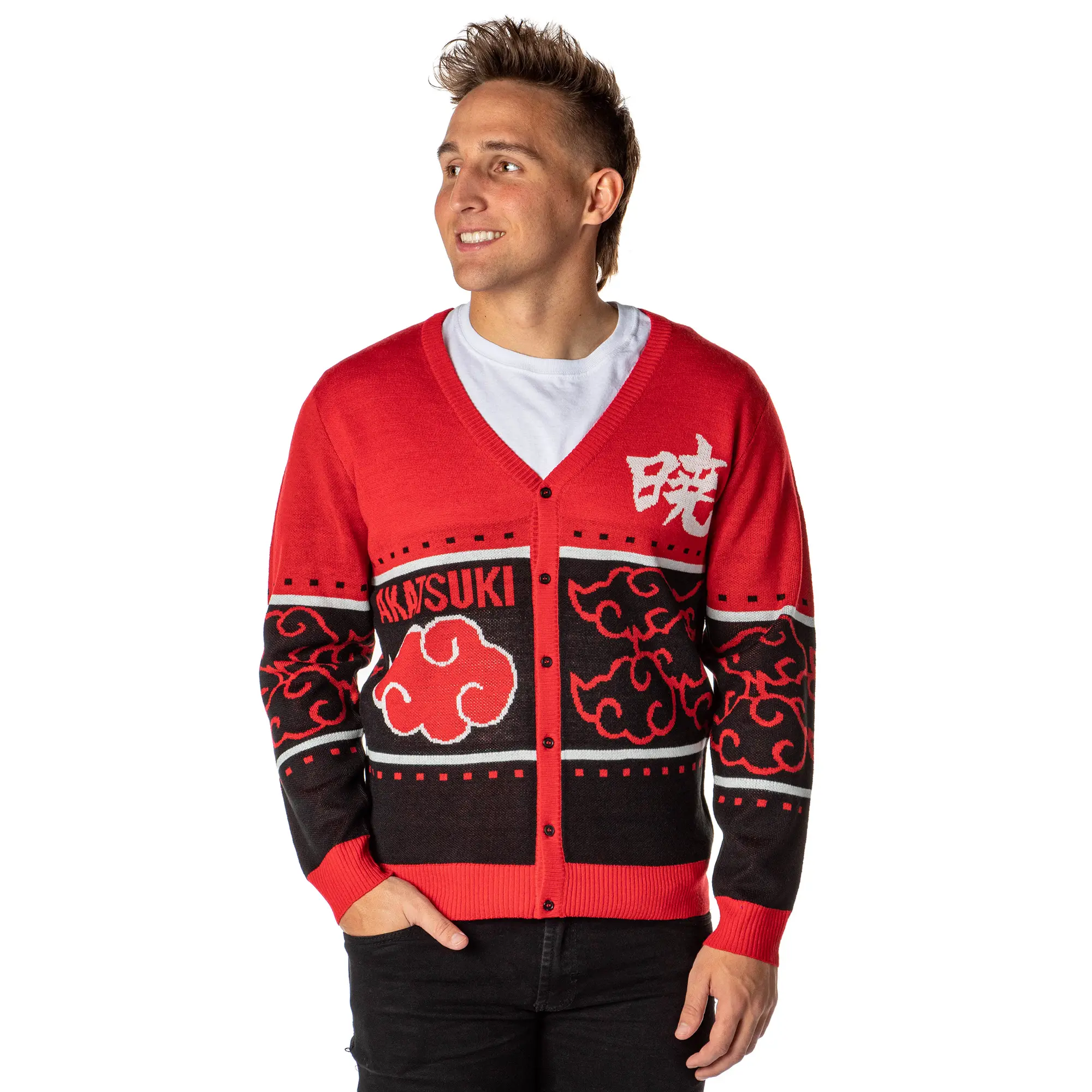 Naruto Shippuden Men's Akatsuki Red Cloud Ugly Sweater for Christmas Button-Up Knit Cardigan, Garment, Apparel, Menswear, Knitwear
