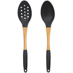 BEILLE Grey Nylon Kitchen Utensils Spoon Set with Wooden Handles High Heat Resistance 2pc Ergonomic Design for Cooking Baking & Serving