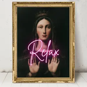 [2D Flat] 1pc Eclectic Vintage Portrait Canvas Print - Moody Gallery Wall Art with "Relax" Neon Sign, Black & White Religious Figure Painting for Living Room Decor, Unique Festival Gift, No Framed
