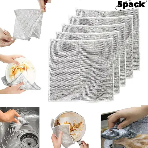5Pcs Double Layer Multifunctional Non-Scratch Wire Dishcloth, Steel Wire Dish Towel, Multipurpose Wire Dishwashing Rags for Wet and Dry Cleaning