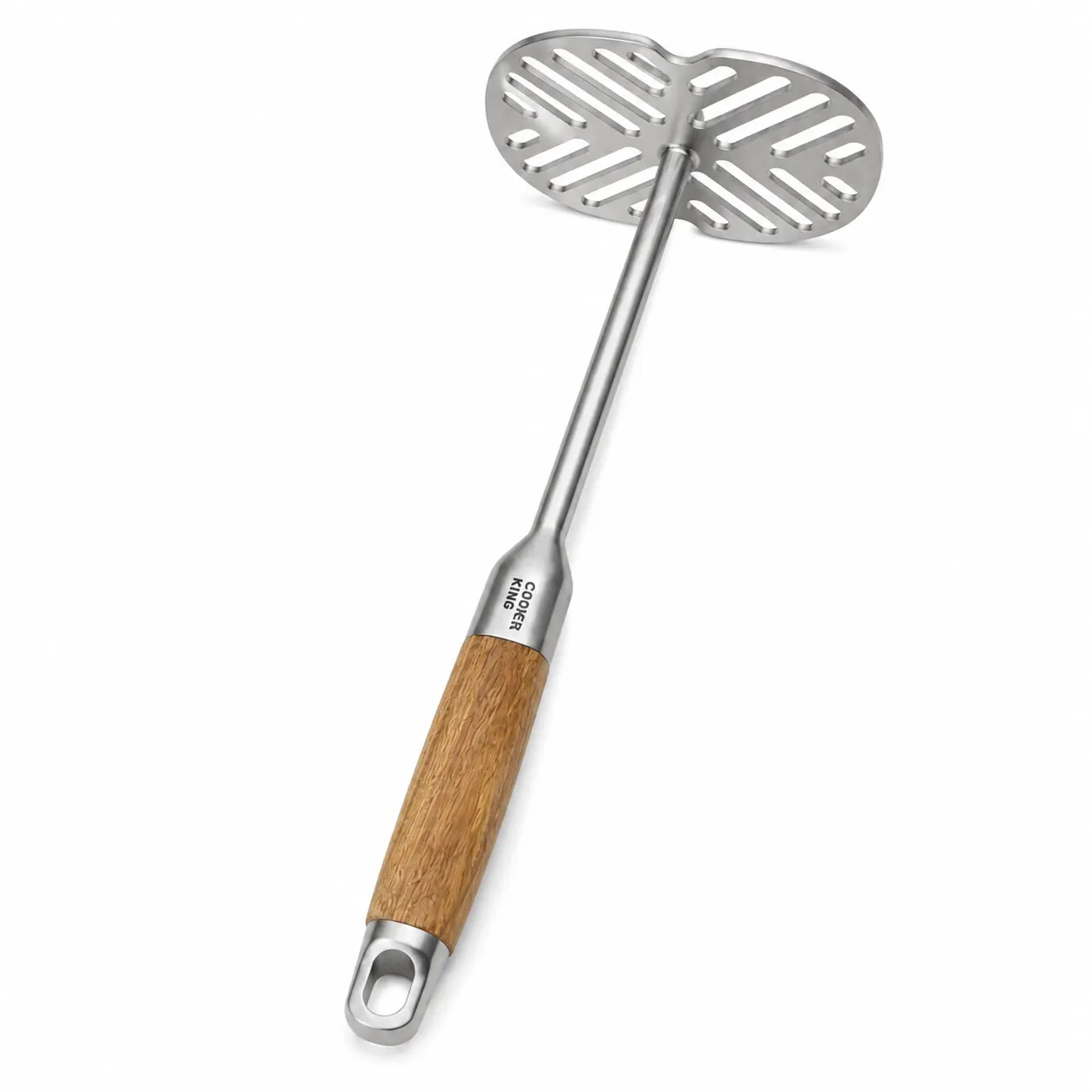 Cooker King Rustproof Stainless Steel Potato Masher with Wooden Handle - Heavy-Duty Wide Slotted Plate Head, Daily Use Kitchen Vegetable Tool for Mashed Potatoes, Baby Food