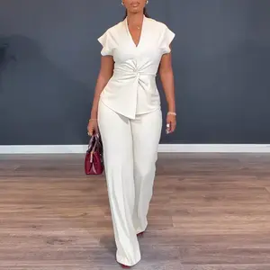 CHICME Lady's Elegant Women's Clothes 2-Piece Basic Set - Smooth Fitted Breathable Polyester V-Neck Short-Sleeve Twist-Front Zipper-Back Top & Elastic-Back Waist Straight-Leg Pants for Casual Commuting,summeroutfits,vacationoutfits,bathingsuitwomenset,bea