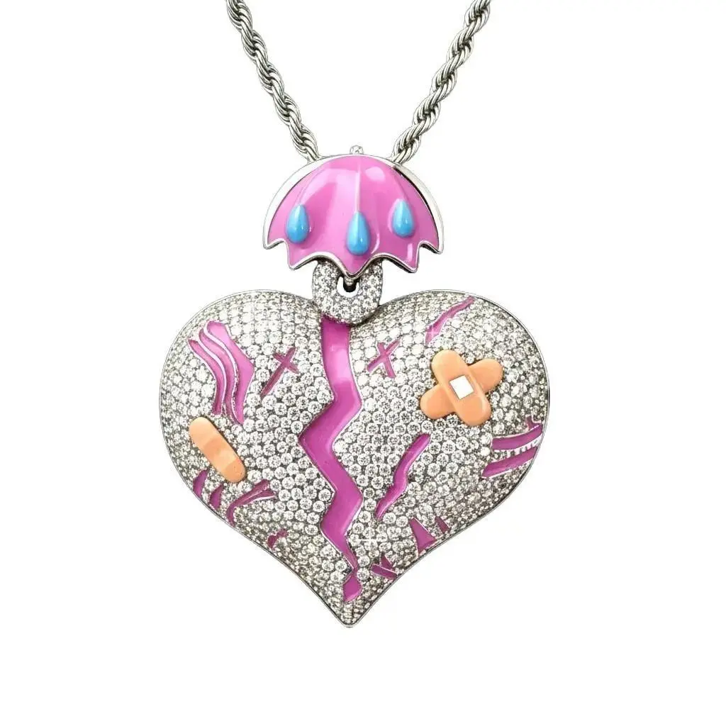 Iced Out Broken Heart Pendant Necklace - Streetwear Hip Hop Pink Bling Emo Choker, Customizable with Engraved Letters/Logos/Patterns, Necklaces for Women, Complimentary Shipping Costume Jewelry men's jewelry trendy costume jewelry