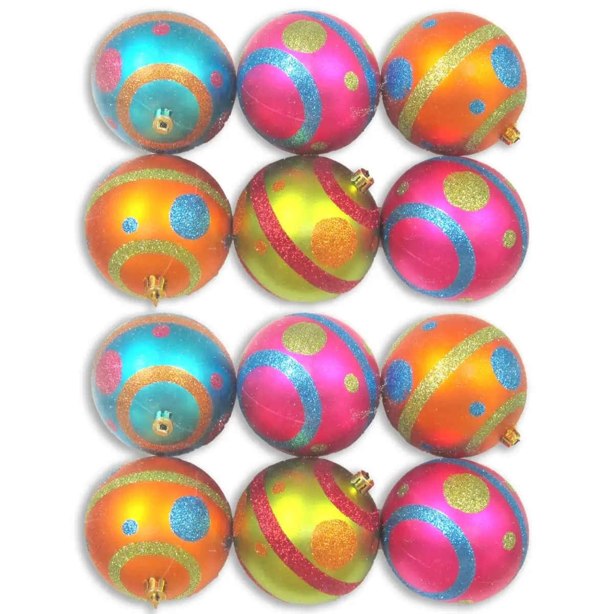 212 MAIN 4 in Shatter Resistant Matt Round Plastic Ball Ornaments - 12-Pack Traditional Stripe & Dot Design, 1.5 lbs Colorful Mardi Gras Decor for Porch, Home, Business Use