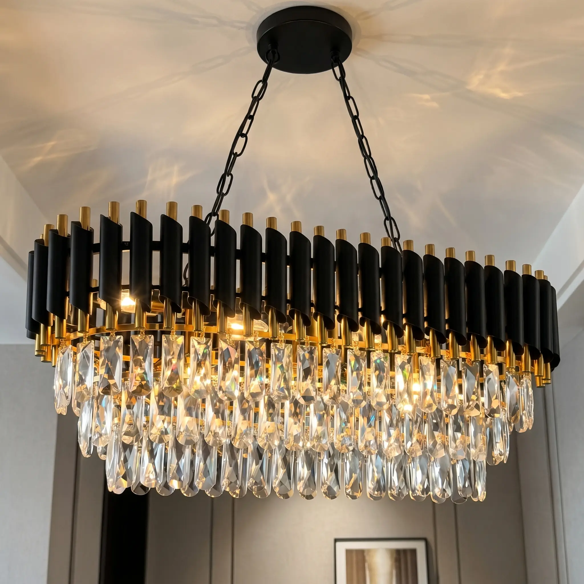 Modern Black Gold Crystal Chandelier, Dimmable Large Ceiling Crystal Chandelier for Living Room/Dining Room/Kitchen Island L31in E12 Elegant Lighting Decorative Atmosphere Lighting