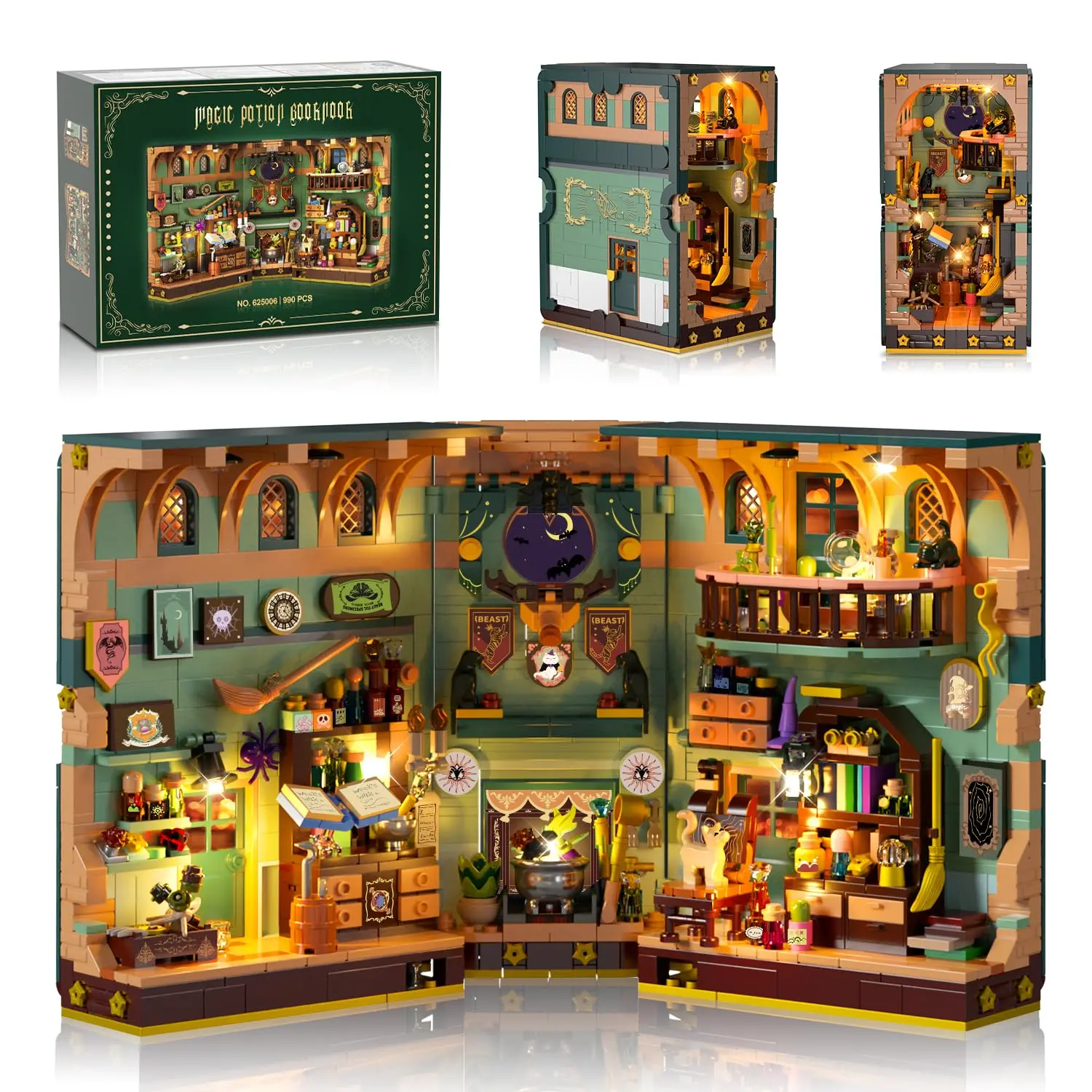 Magic Potion Booknook Building Set with Light, DIY Alchemy Bookend Kit with Balcony, Cabinet & Magical Tools, 990PCS Miniature Magnetic Blocks for Home Decor and Kids Adults Age 8+