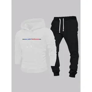 Two-piece Set Men's Letter and  Striped Print Hoodie & Drawstring Waist Sweatpants, Regular Fit Casual Long Sleeve Hooded  Sweatshirt & Pocket Jogger Pants, Men's Spring & Fall Clothes