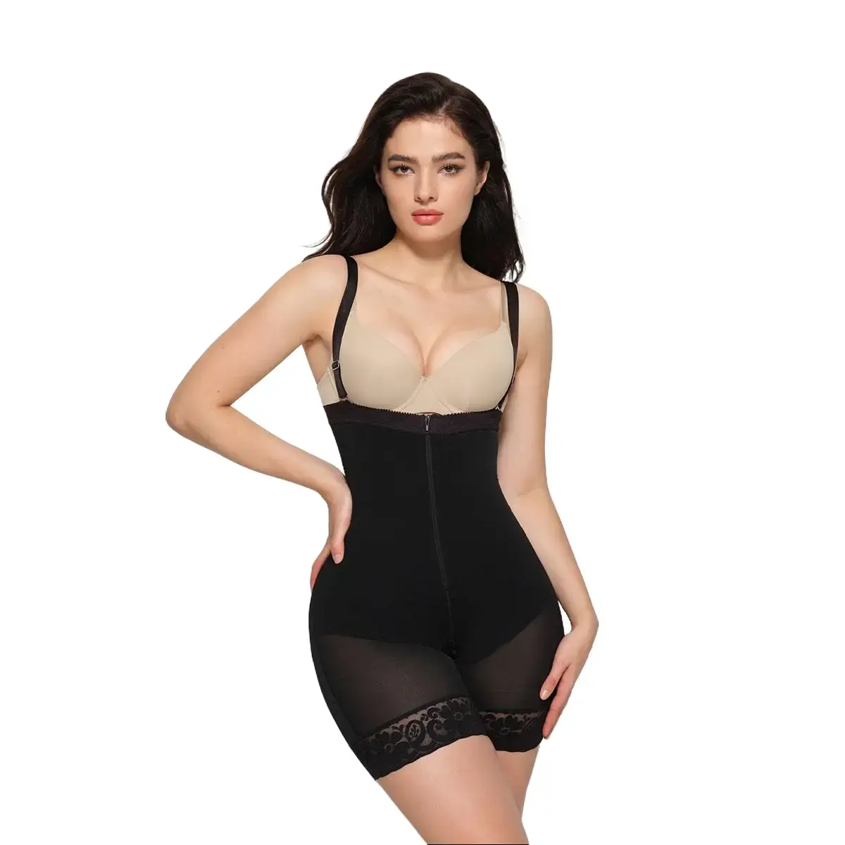 GQF Women's Open Bust Adjustable Shapewear Bodysuit, High Waist Belly Hiding Body Shaper with Zipper Closure, Compression One-Piece Shapewear Bodysuit