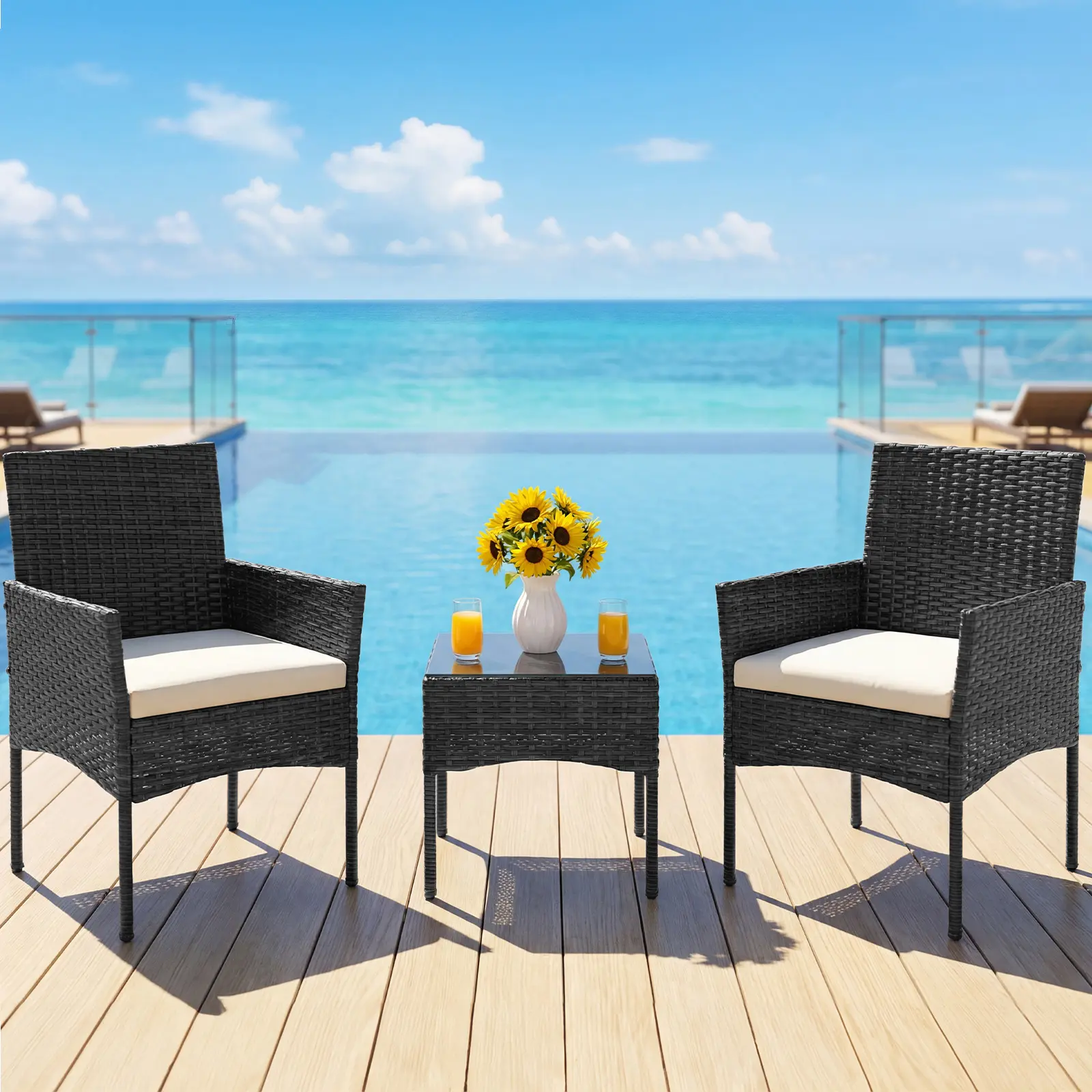 Patio Conversation Set - 3-Piece/4-Piece Outdoor Furniture Set, PE Rattan Wicker Patio Furniture with Coffee Table, Washable Cushions, Compact Bistro Seating for Balcony, Garden